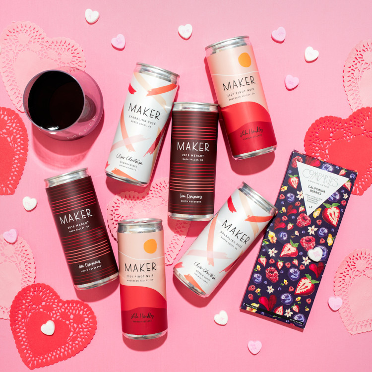 The Maker Valentine's Day Treat Yourself Pack, six wines, chocolate, and Govino glass.