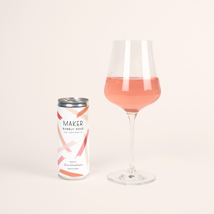 Maker Can and Glass of 2023 Sparkling Bubbly Rose