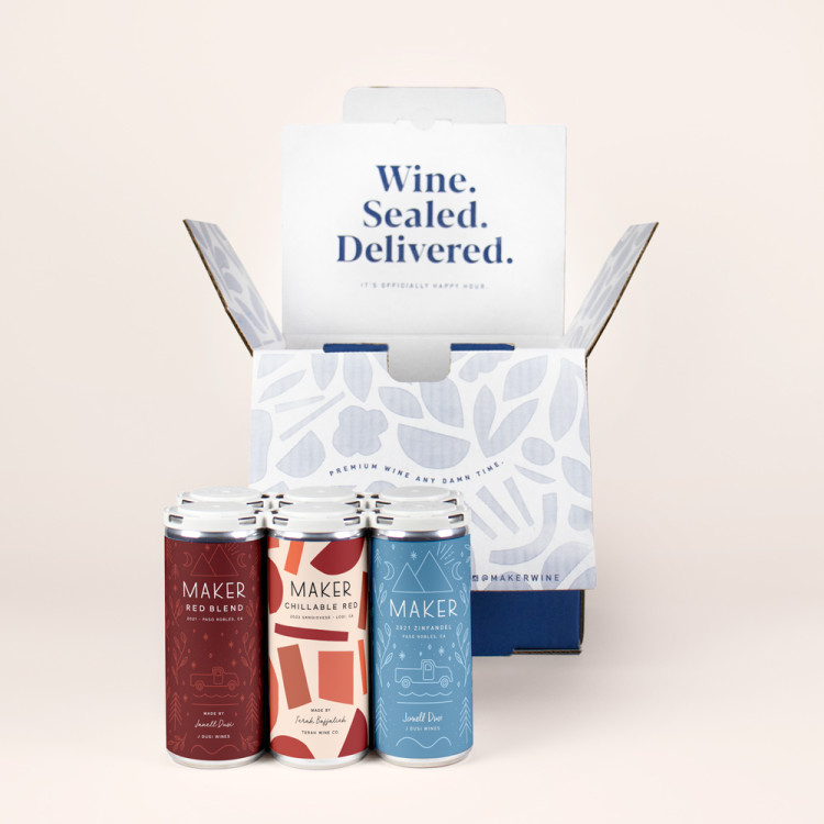 Red Wine Mixed Pack in front of a blu shipping box, includes Red Blend, Chillable Red, Zinfandel. Updated April 2024