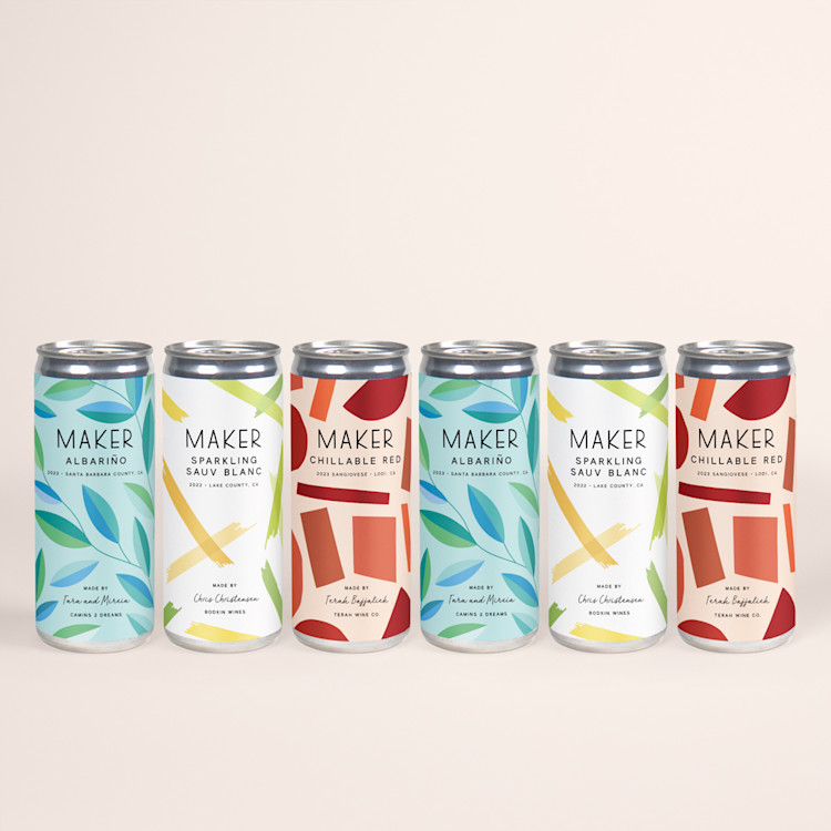 Red White Blue Mixed Pack Can Lineup with two cans of Albarino, two cans of Sparkling Sauv Blanc, and two cans of Chillable red wine in cans