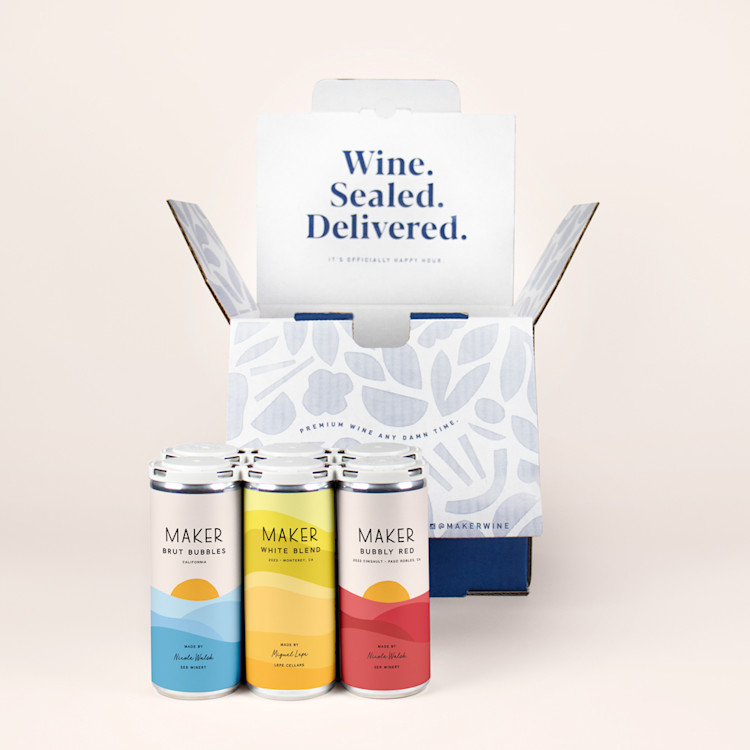 6 pack of Bubbly red, Brut Bubbles, Spanish White Blend with box