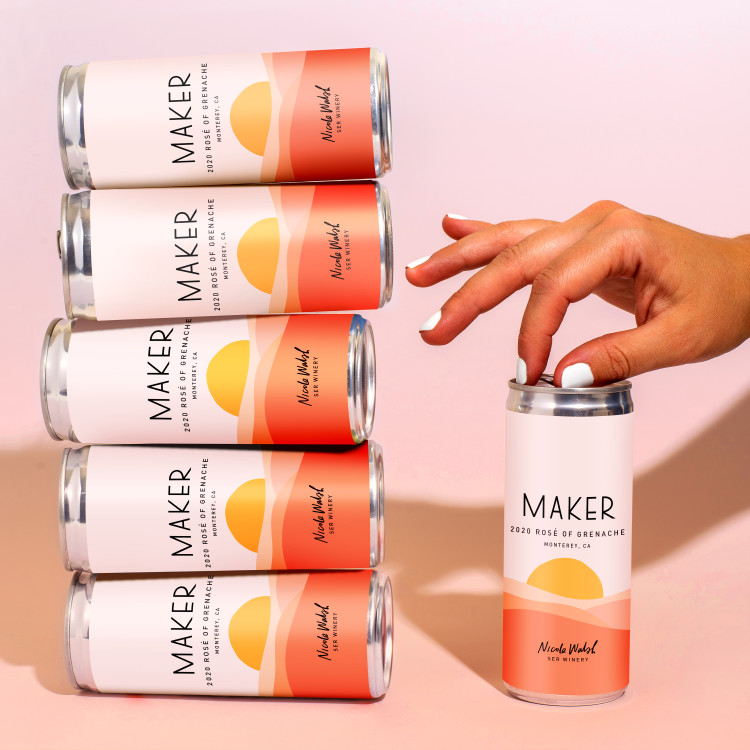 Maker Rose Canned wine, six stacked cans with hand.