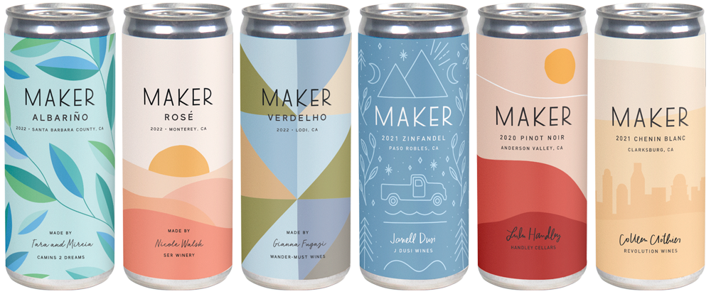 A line of six cans that make up the Women in Wine pack: Albarino, Chenin Blanc, Verdelho, Zinfandel, Pinot Noir, and Rosé of Grenache.