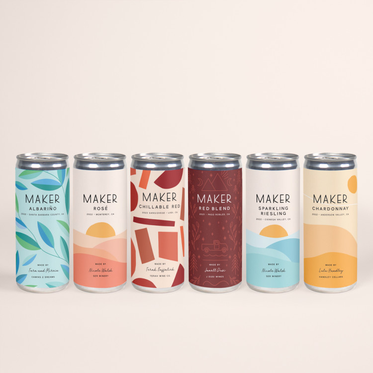 6 maker wine cans lined up on a neutral background.