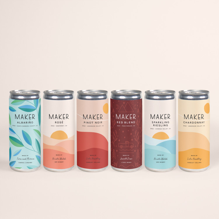 6 maker wine cans lined up on a neutral background.