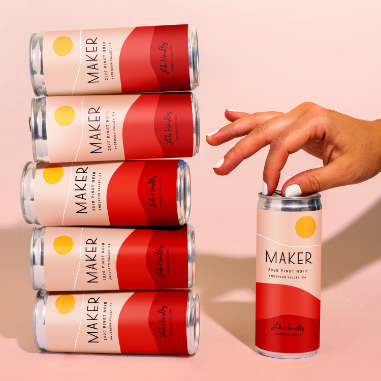 The Maker Pinot Noir by Handley Cellars, stacked line of cans. 