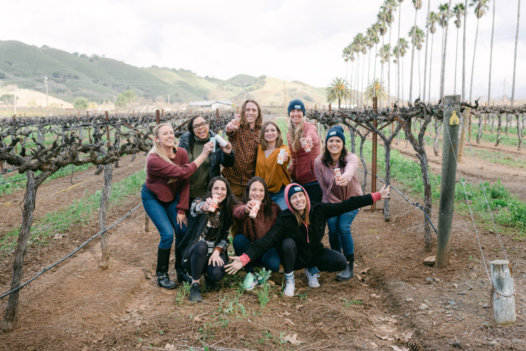 Photo of Maker Wine team in a vineyard holding cans