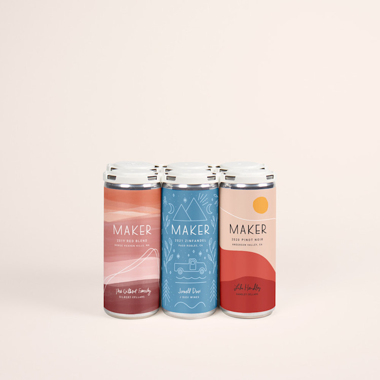 Six Cans of red wine with different colored labels
