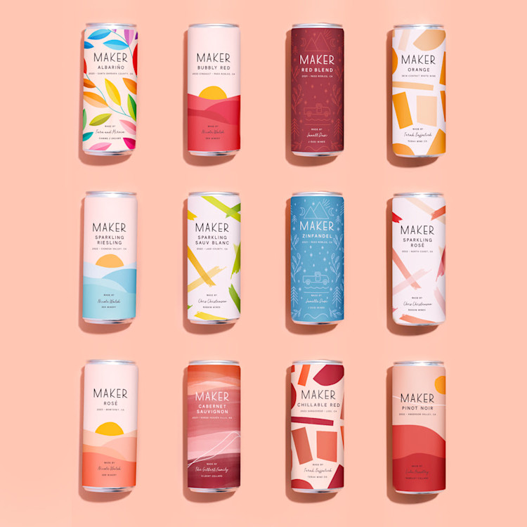 a 12-pack of maker canned wines in a grid on a pink background