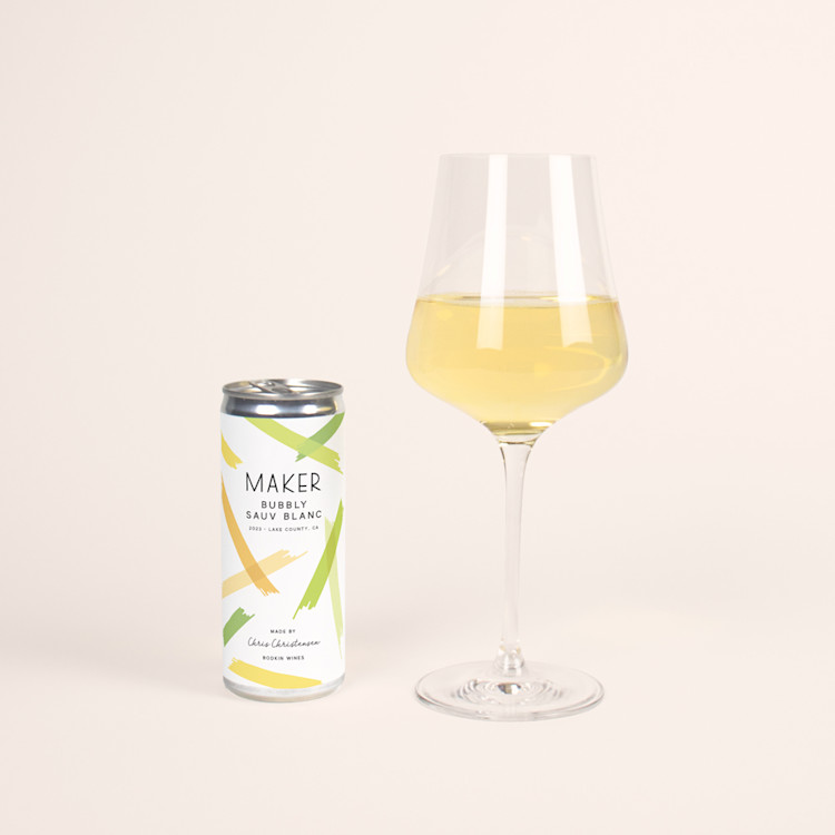 Maker Can and Glass of 2023 Sparkling Sauv Blanc