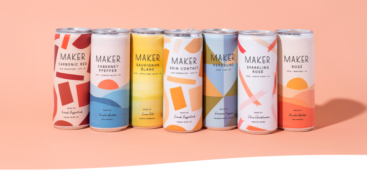 A line of seven Maker Wine cans on a colored background.