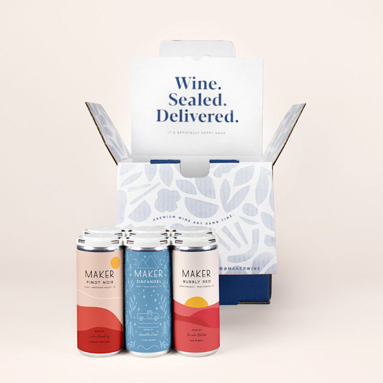 Red wine mixed pack with pinto noir, zinfandel, and bubbly red 6 pack with blue shipping box