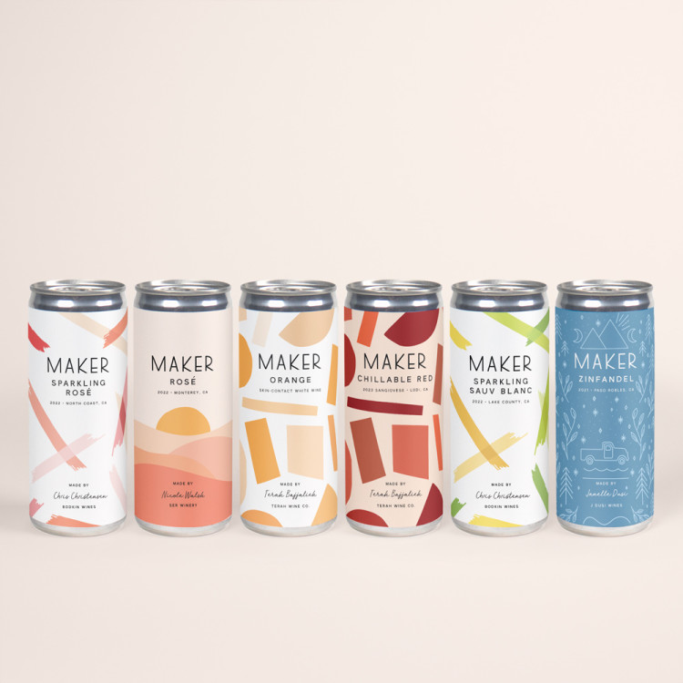 6 Maker Wine cans lined up against a neutral background. The cans are Sparkling Rosé, Rosé, Skin Contact, Chillable Red, Sparkling Sauvignon Blanc, and Zinfandel.