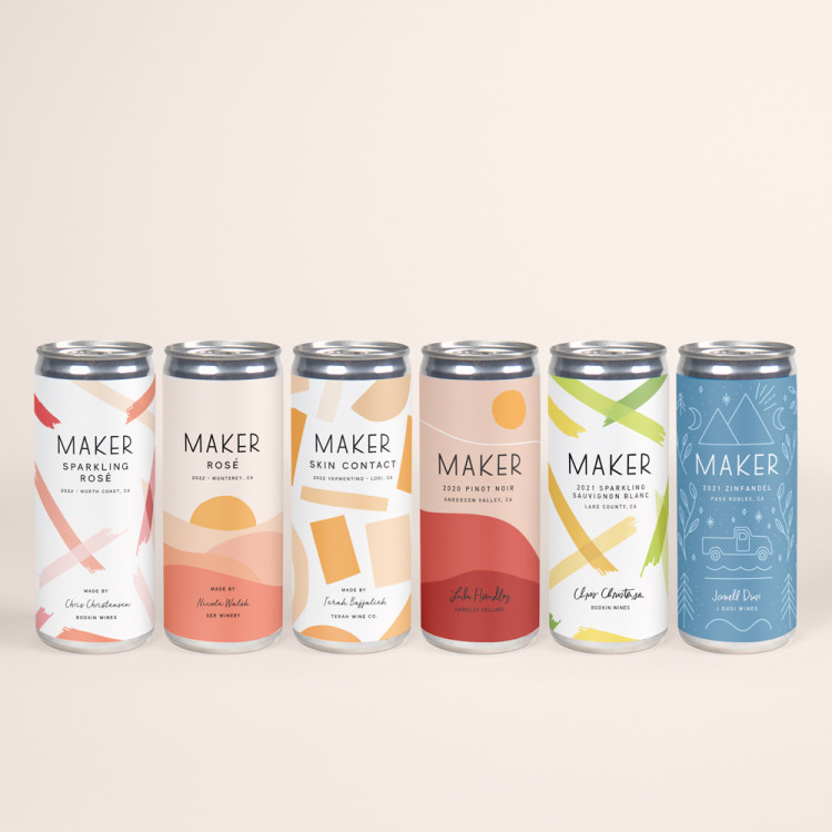 6 Maker Wine cans lined up against a neutral background. The cans are Sparkling Rosé, Rosé, Skin Contact, Pinot Noir, Sparkling Sauvignon Blanc, and Zinfandel.