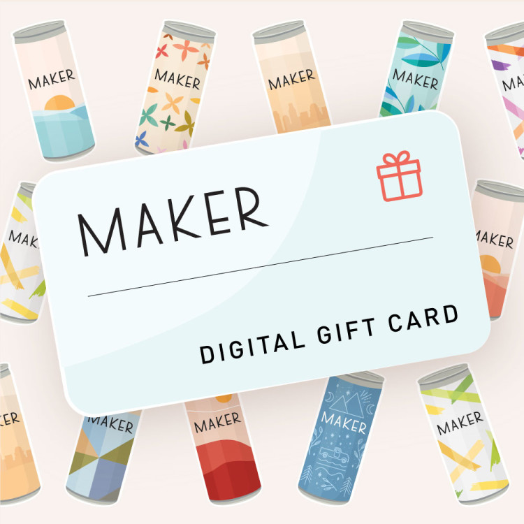 An illustration of a Maker digital gift card with cans in the background.