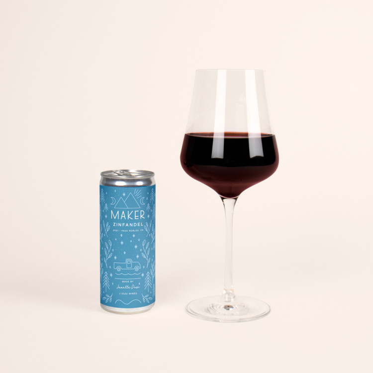 2023 J Dusi Zinfandel can of wine with glass of wine