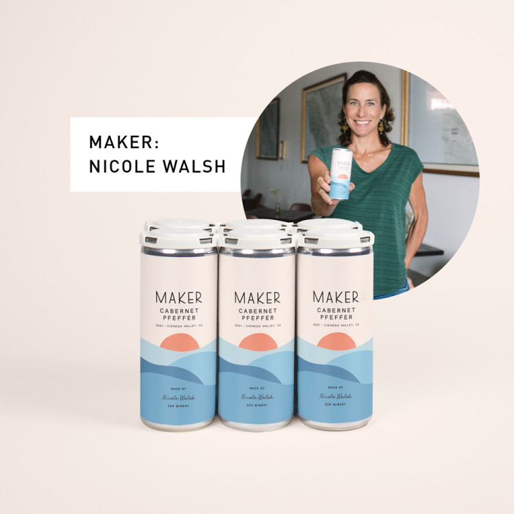 6 cans of Cabernet Pfeffer wine with text that reads "Maker: Nicole Walsh" next to a photo of Nicole Walsh.
