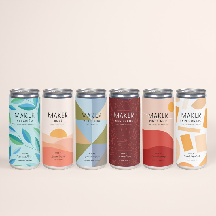 6 maker wine cans lined up on a neutral background