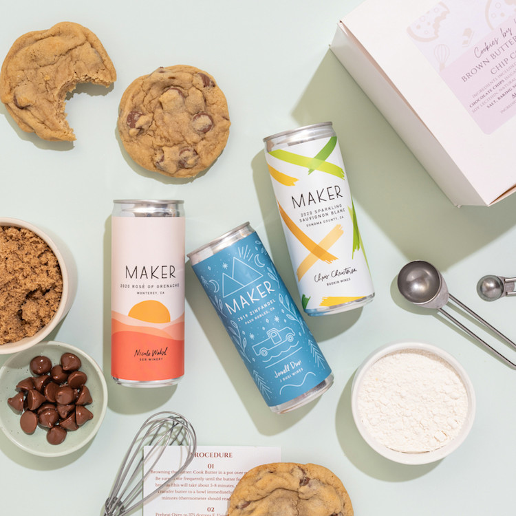 Ingredients to make Brown Butter Chocolate Chip Cookies and Maker Canned Wines.