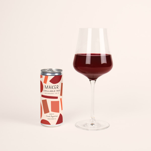can of maker chillable red with glass of red wine