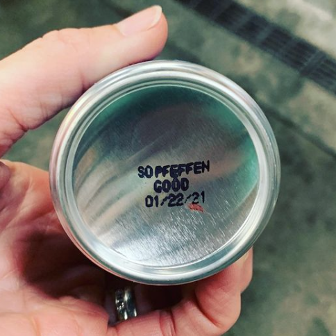 The bottom of a 2019 Cabernet Pfeffer can, which reads "So pfeffen good, 1/22/21".