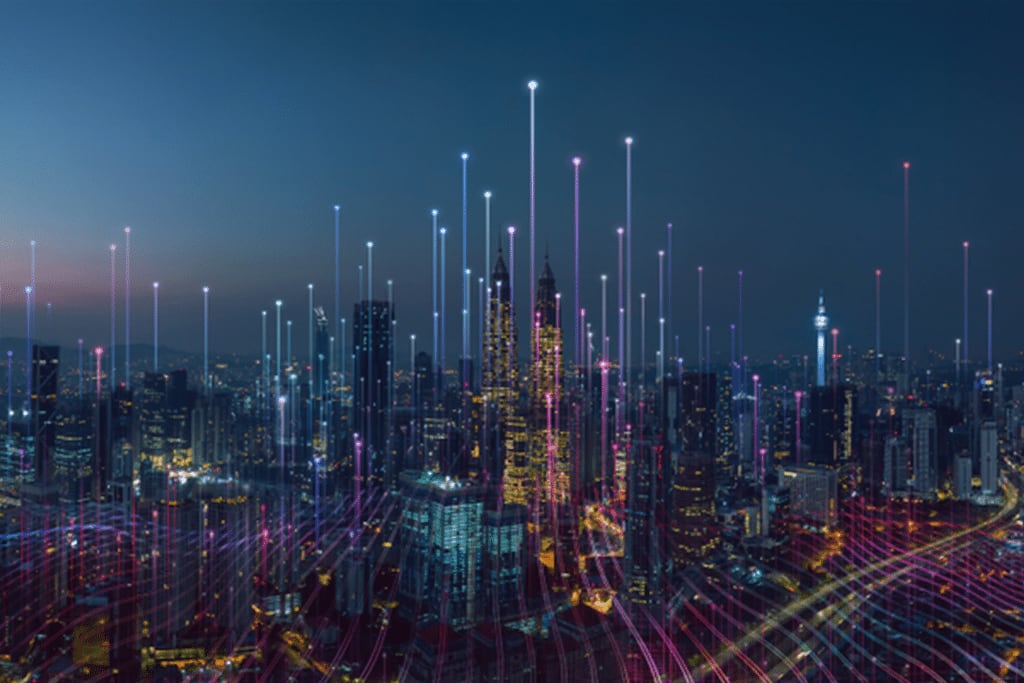 a cityscape view with a digital overlay