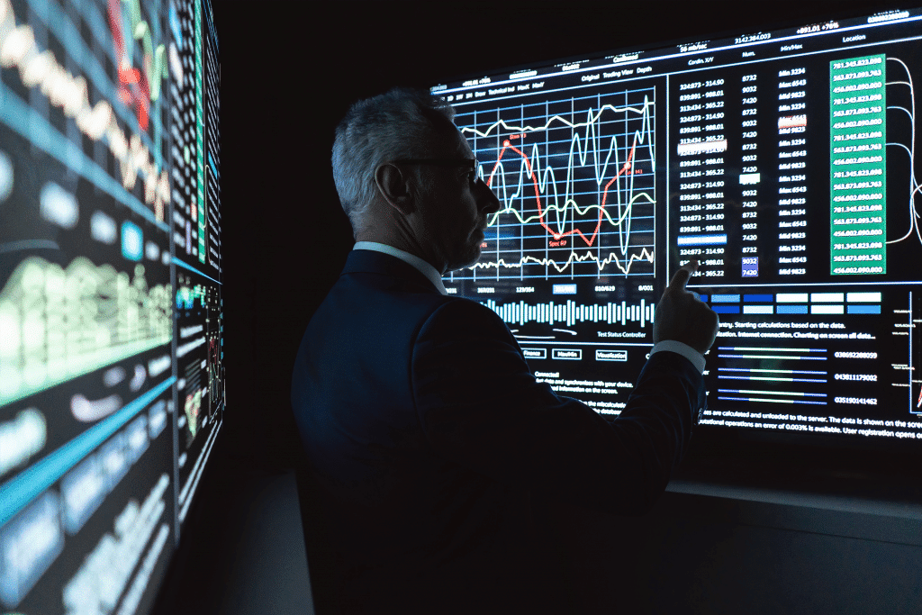 a businessman looking at a screen of statistics