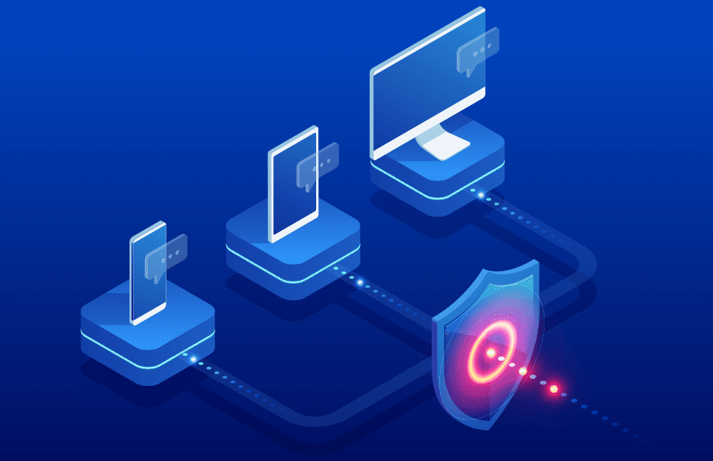 animated image of 3 networked computers with a shieldprotecting the connection out to the internet