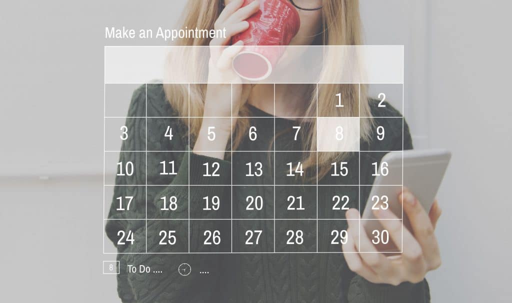 graphoc of a woman on her phone with an overlay of a calendar month