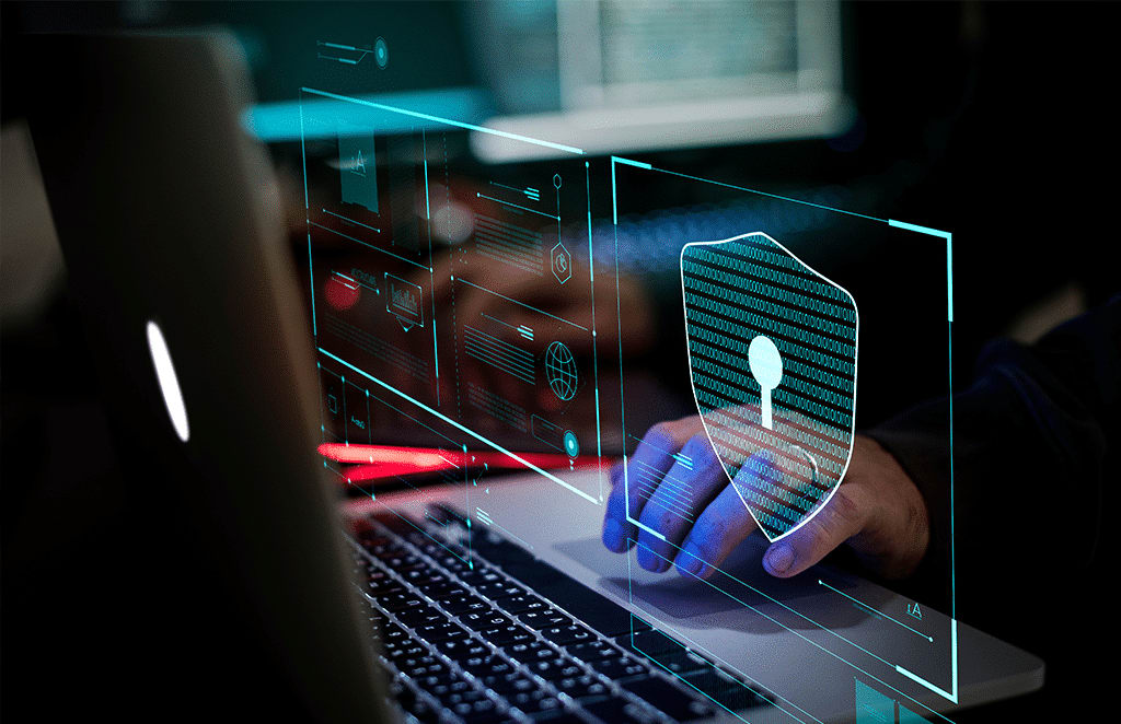 futuristic view of a hacker working on a laptop