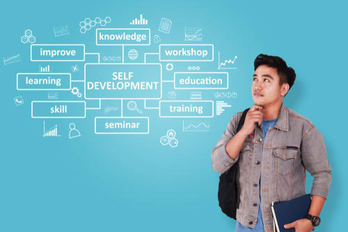 student with a thought diagram of self development options