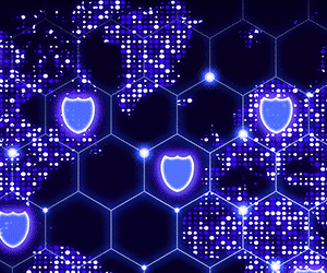 a hexagon grid with shield decals over a digital map