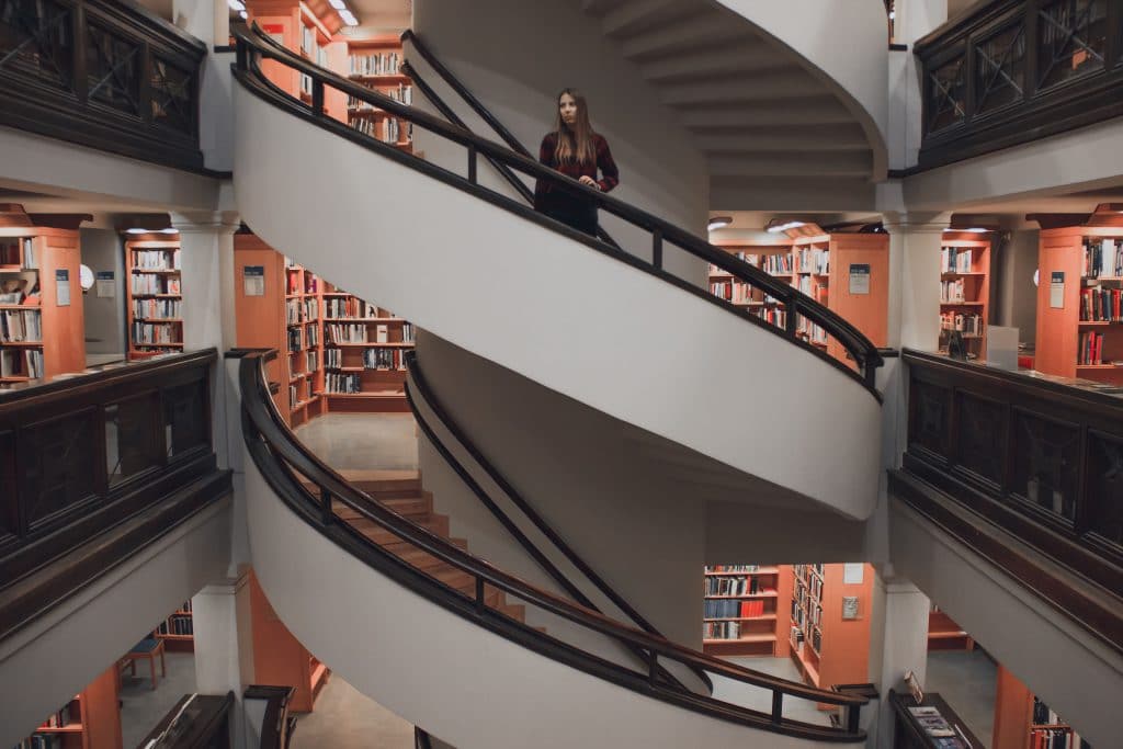 spiral staircase in a library