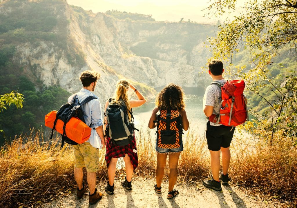 a group of 4 people look out over a scenic view at a cliff face