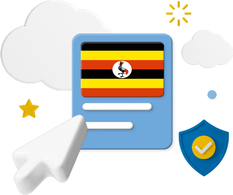 mouse clicking on Uganda flag surrounded by clouds and a certification badge