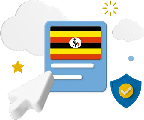 mouse clicking on Uganda flag surrounded by clouds and a certification badge