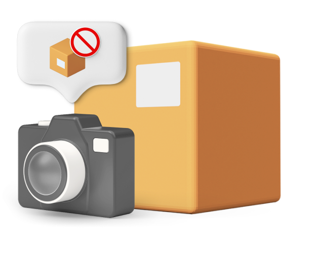 Box with camera and red circle communicating the item is not allowed