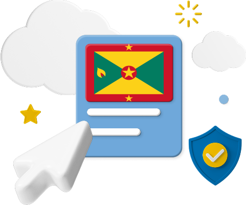 Grenada flag on web page surrounded by clouds and a badge graphic.