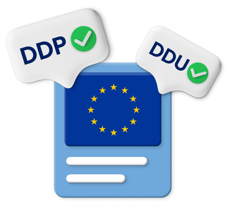 EU Flag in box graphic with DDP and DDU labels