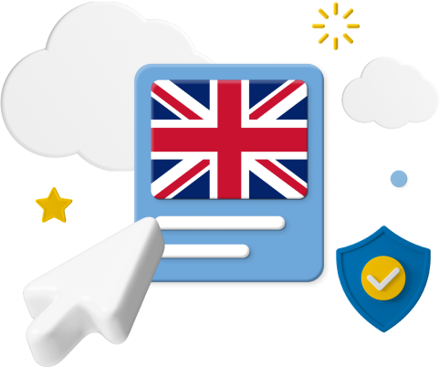UK flag with cursor and animated icons