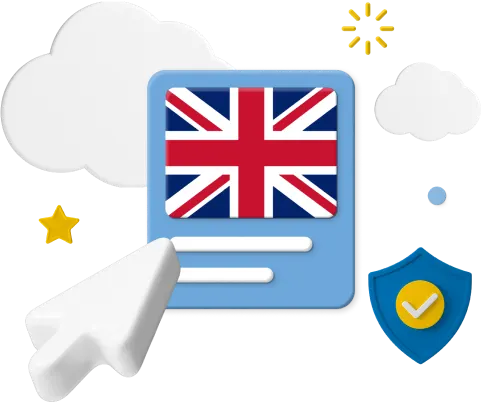 UK flag with cursor and animated icons