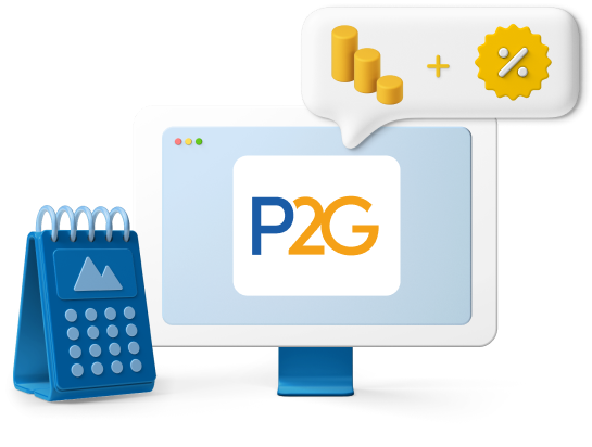Animated computer screen with P2G logo and calendar