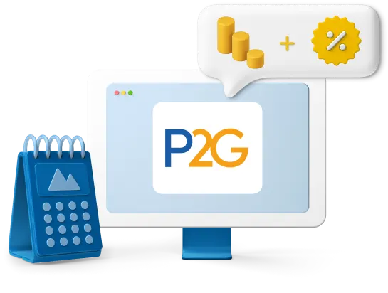 Animated computer screen with P2G logo and calendar
