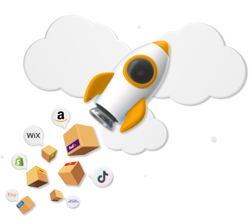 rocket icon with marketplace parcel graphics
