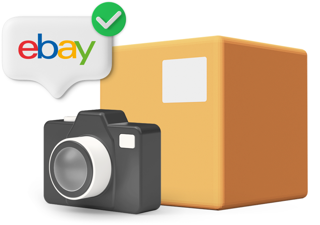 Animated box with camera in front of it and eBay logo in a speech bubble
