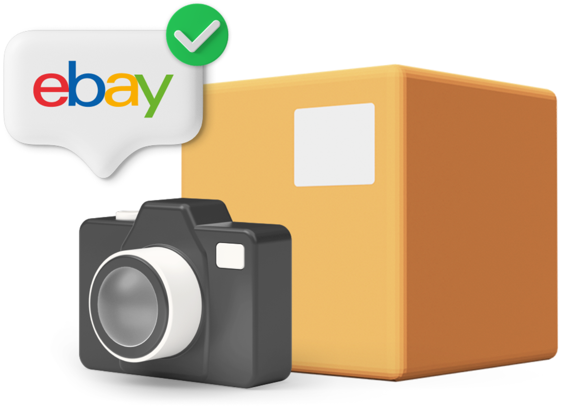 Animated box with camera in front of it and eBay logo in a speech bubble