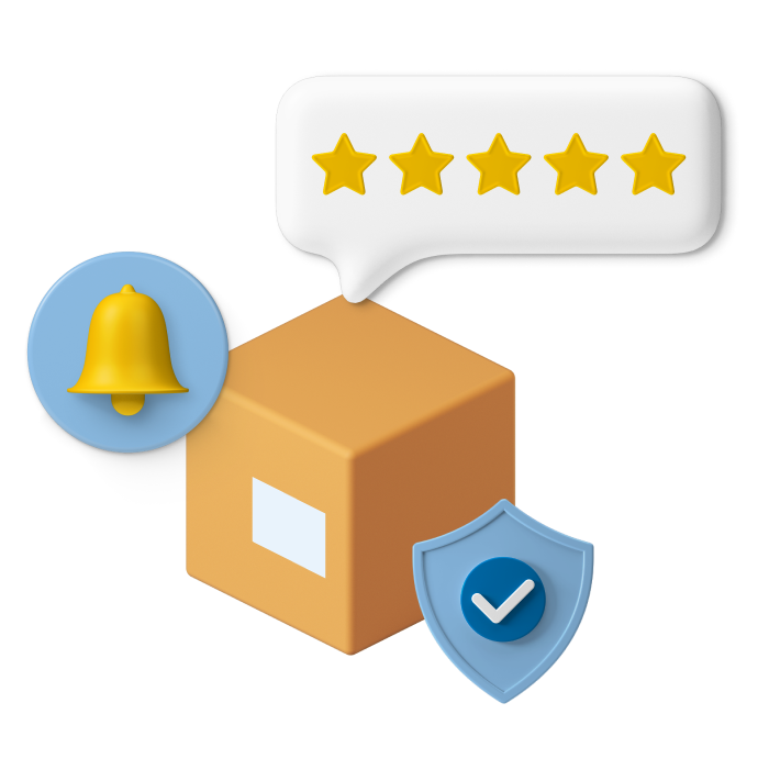 graphic of parcel with stars and shield icons