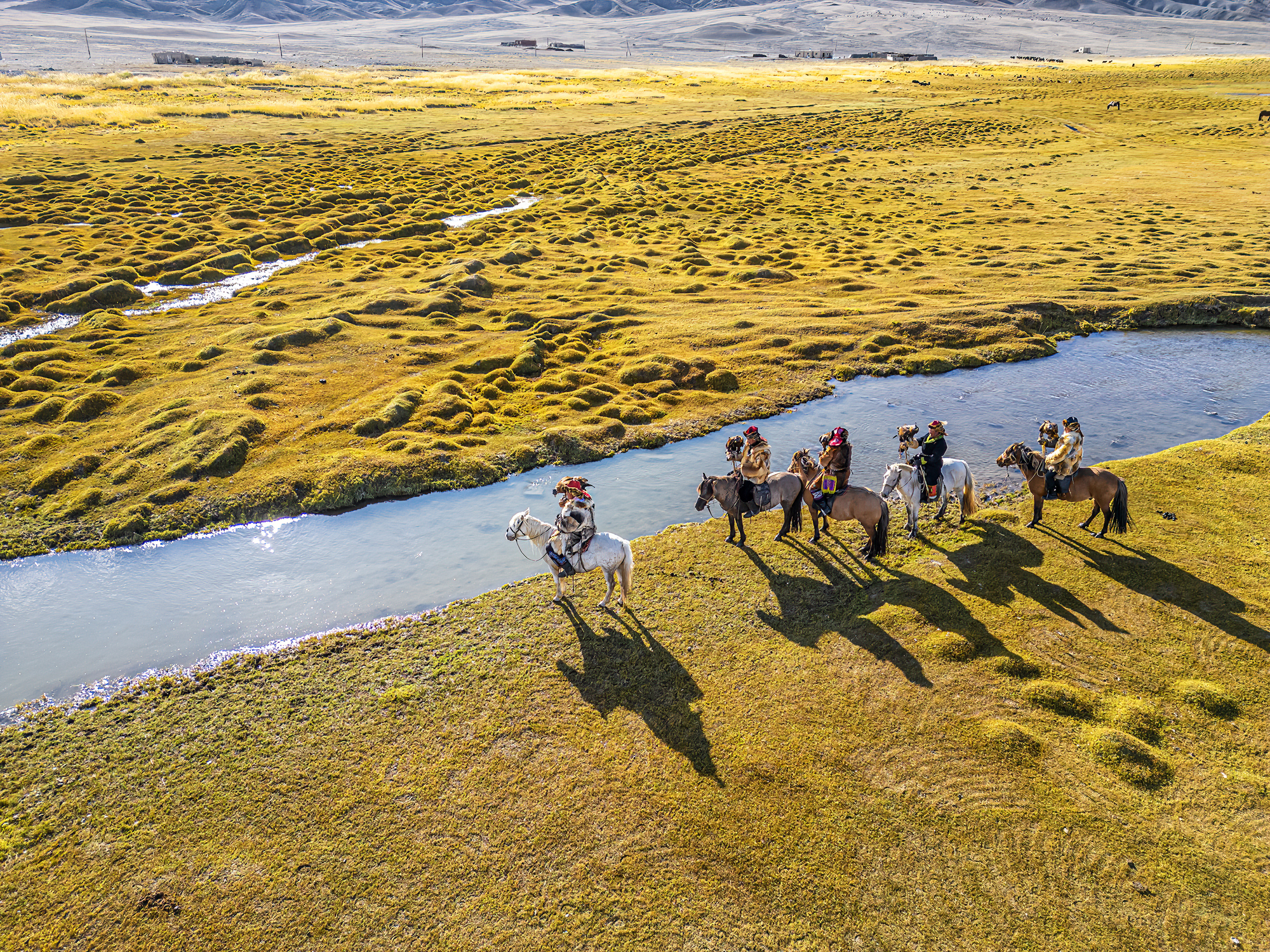 Riders on horseback on a marsh in Mongolia.