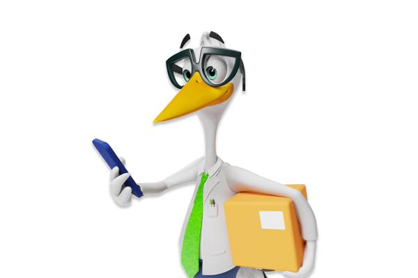 Sven the Stork holding a box under his wing and a phone in his other hand