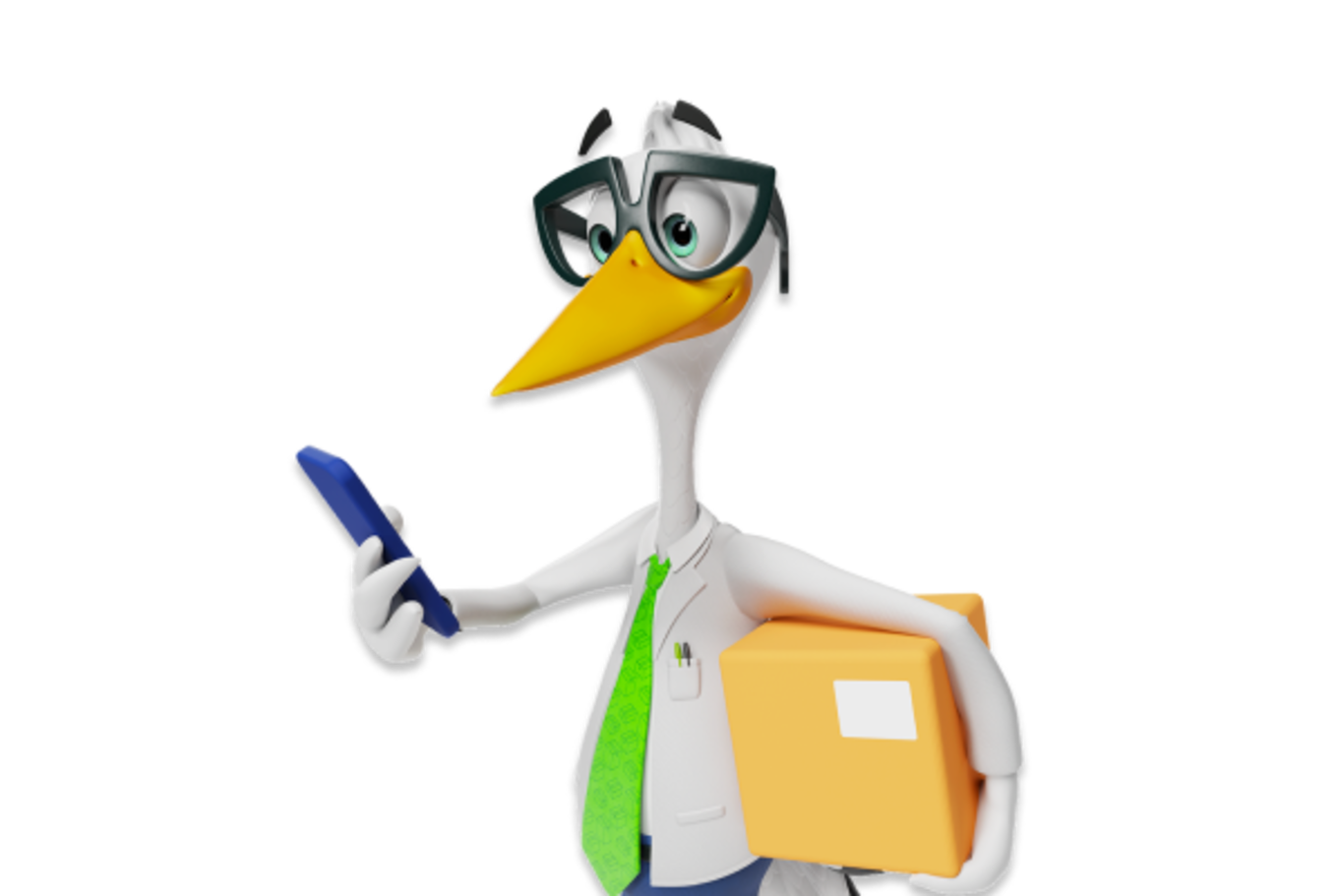 Sven the Stork holding a box under his wing and a phone in his other hand